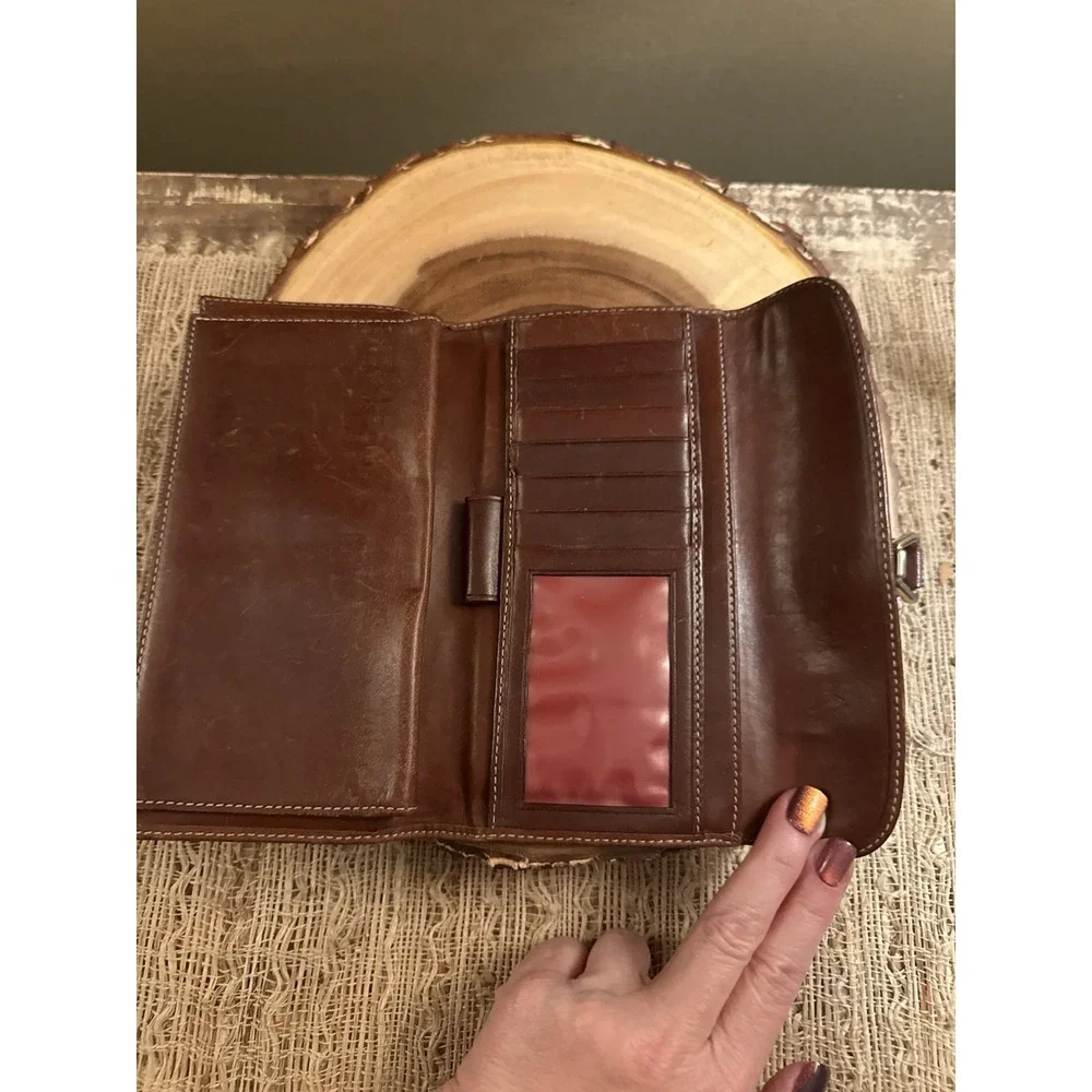 Vintage Dooney & Bourke Brown Leather Canvas Logo Trifold Checkbook Wallet